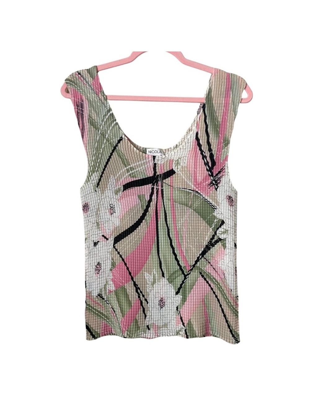Vintage Y2K Pleated Abstract Floral Tank Top Nicola XL Pink Green Artsy Retro